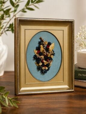 Vintage Dried Flowers In Metal Small Frame W/ Glass Matte Floral Bouquet 6x4